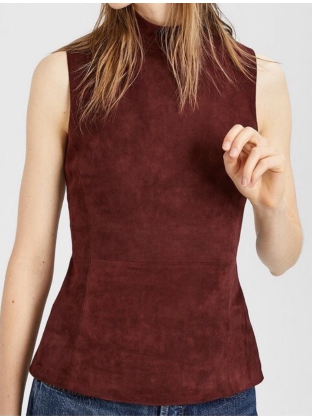 Theory Suede-Ponte Mock Top Dark Currant Sleeveless Lamb Leather Medium